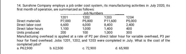 14. Sunshine Company employs a job order cost system, its manufacturing activities in July 2020, its
first month of operation, are summarized as follows:
Job Numbers
1202
P5,800
6,000
1,000
100
Manufacturing overhead is applied at a rate of P2 per direct labor hour for variable overhead, P3 per
hour for fixed overhead. Jobs 1201, 1202, and 1203 were completed in July. What is the cost of the
1201
P7,000
6,600
1,100
200
1203
P11,600
8,400
1400
1,000
1204
P5,000
2,400
400
Direct materials
Direct labor cost
Direct labor hours
Units produced
300
completed jobs?
a. P62,900
c. 72,900
d. 65,900
b. 62,500
