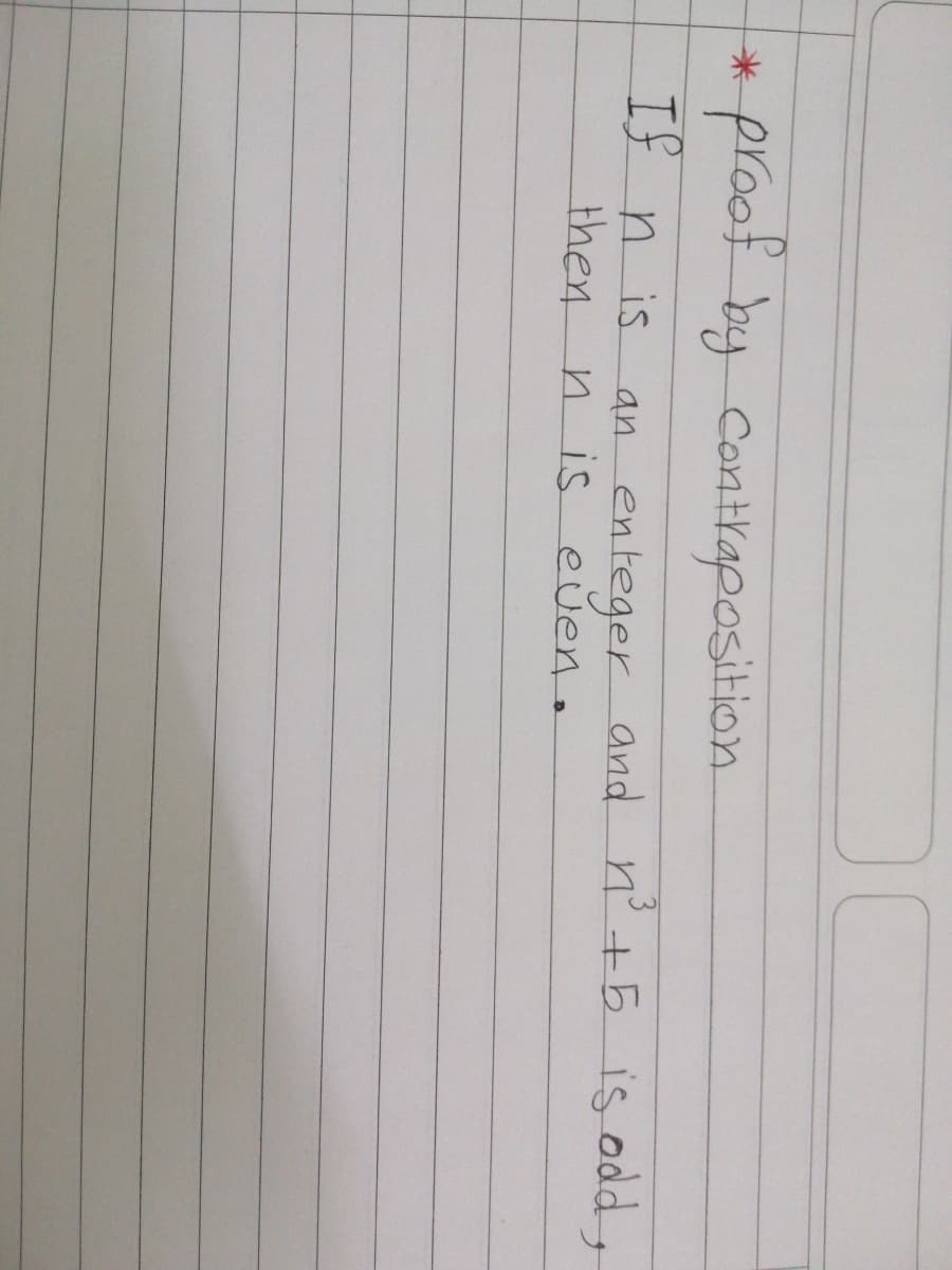 proofby Contraposition
米
If n is
then.
an enteger and n'+5 is odd,
n is eŭen.

