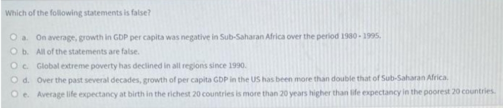 Which of the following statements is false?
Oa. On average, growth in GDP per capita was negative in Sub-Saharan Africa over the period 1980 - 1995.
Ob. All of the statements are false.
Oc. Global extreme poverty has declined in all regions since 1990.
O d. Over the past several decades, growth of per capita GDP in the US has been more than double that of Sub-Saharan Africa.
O e. Average life expectancy at birth in the richest 20 countries is more than 20 years higher than life expectancy in the poorest 20 countries.
