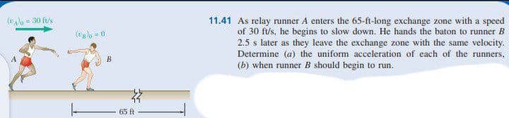 (lo = 30 ft/s
11.41 As relay runner A enters the 65-ft-long exchange zone with a speed
of 30 fus, he begins to slow down. He hands the baton to runner B
2.5 s later as they leave the exchange zone with the same velocity.
Determine (a) the uniform acceleration of each of the runners,
(b) when runner B should begin to run.
65 ft
