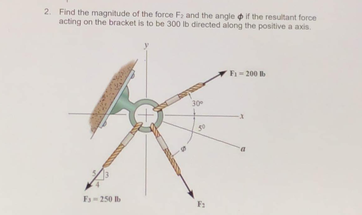 2. Find the magnitude of the force F2 and the angle o if the resultant force
acting on the bracket is to be 300 lb directed along the positive a axis.
F1 200 lb
300
F3 250 lb
F2
50
