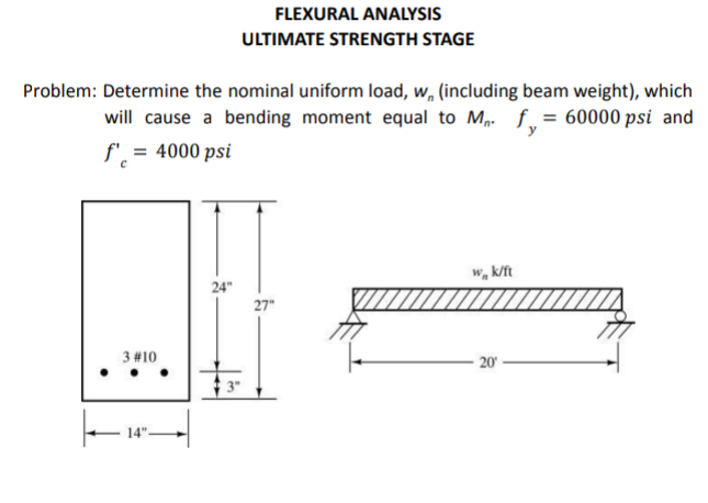 FLEXURAL ANALYSIS
ULTIMATE STRENGTH STAGE
Problem: Determine the nominal uniform load, w, (including beam weight), which
will cause a bending moment equal to M. f,= 60000 psi and
y
f'_ = 4000 psi
w, k/ft
24"
27"
3 #10
– 20' ·
