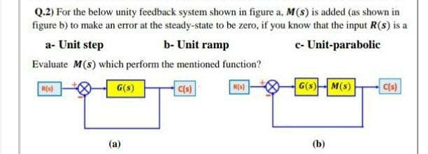 Q.2) For the below unity feedback system shown in figure a, M(s) is added (as shown in
figure b) to make an error at the steady-state to be zero, if you know that the input R(s) is a
a- Unit step
b- Unit ramp
c- Unit-parabolic
Evaluate M(s) which perform the mentioned function?
G(s)
Cls)
G(s) M(s)
C1s)
(a)
(b)
