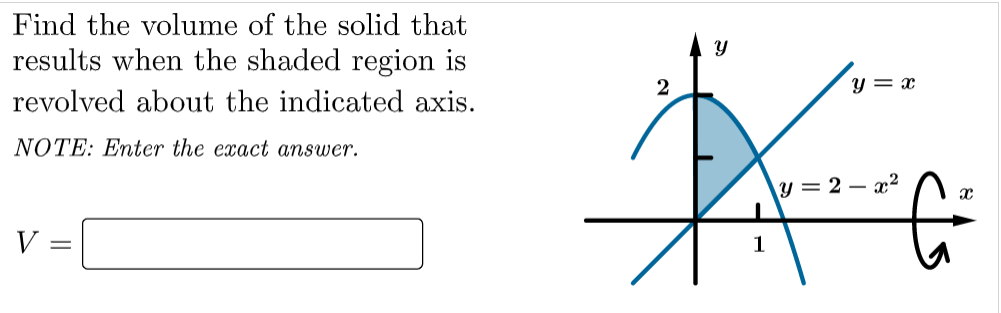 Find the volume of the solid that
results when the shaded region is
y = x
revolved about the indicated axis.
NOTE: Enter the exact answer.
y = 2 – x²
V =
