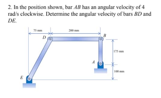 2. In the position shown, bar AB has an angular velocity of 4
rad/s clockwise. Determine the angular velocity of bars BD and
DE.
75 mm
200 mm
D
175 mm
100 mm
E
