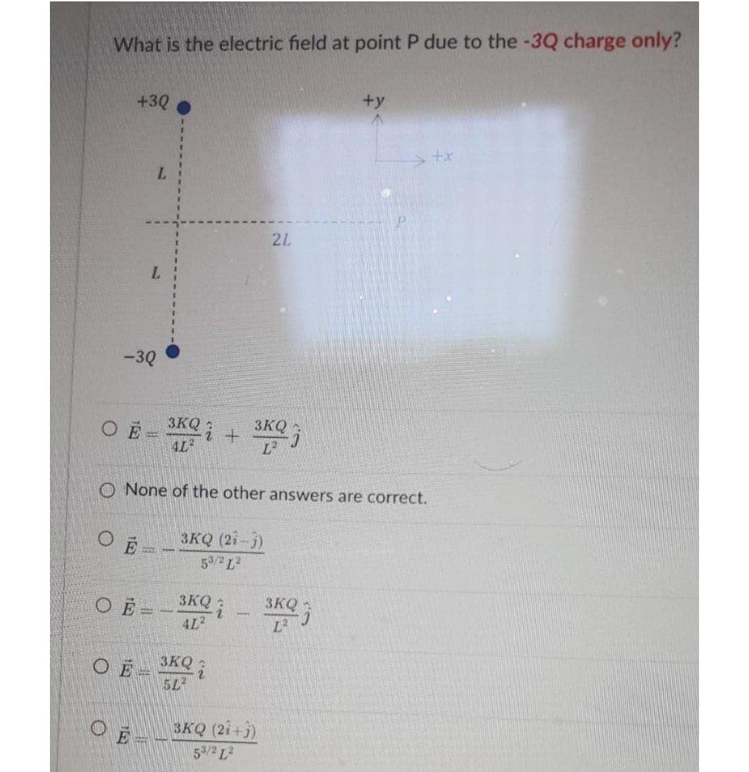 What is the electric field at point P due to the -3Q charge only?
+3Q
O E
-3Q
L
E
L
OE
3KQ
4L²
11
O None of the other answers are correct.
3KQ (21-3)
53/2 L²
O Ë= 3KQ
4L²
2 +
OE 3KQ
오늘
56²
-
21
3KQ
3KQ (21+3)
53/2 L2
+y
KQ
L²