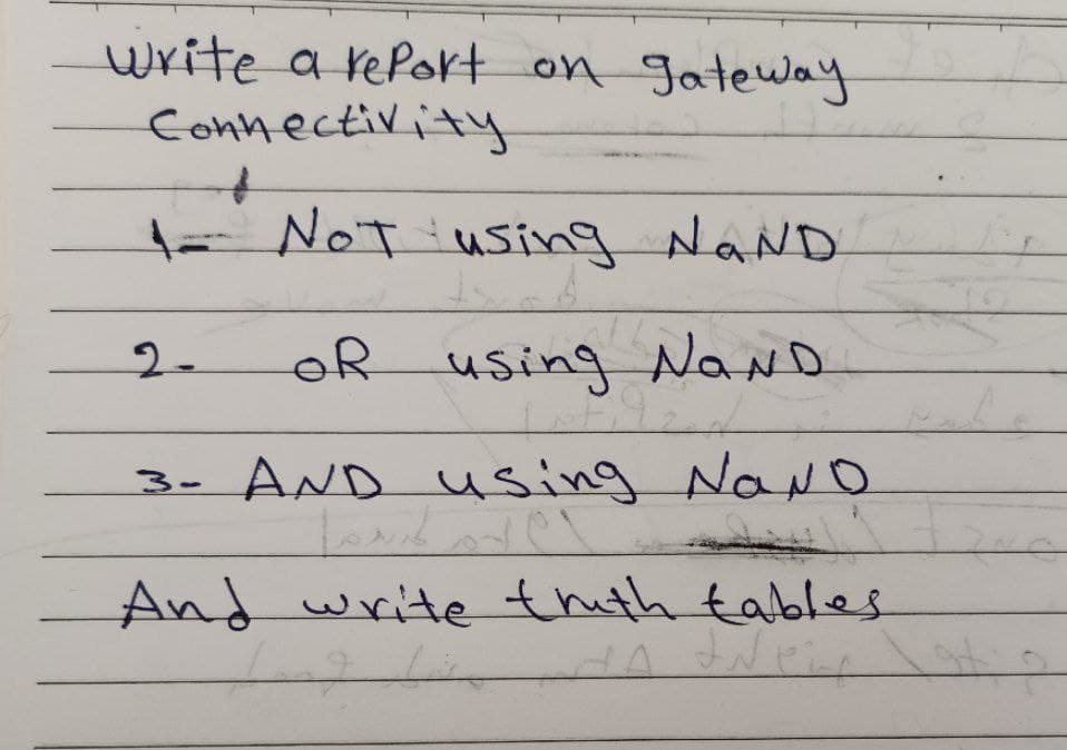 write a refort on gateway
Connectivity
= NOT using NaND
2.
OR using aNo
3- AND Using Navo
NOND
And write thith tables
