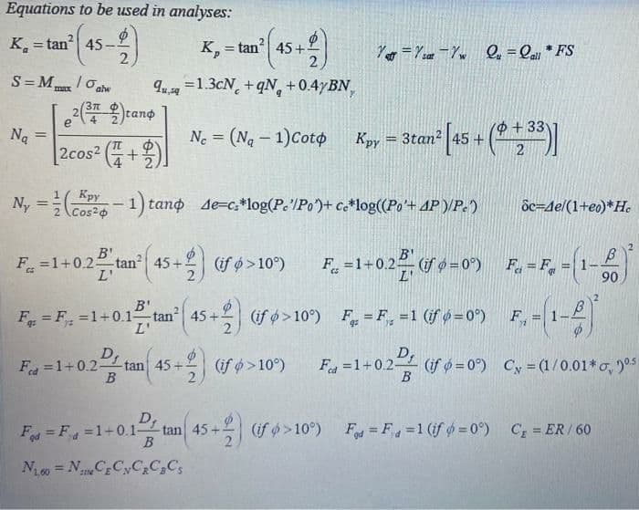 Equations to be used in analyses:
K.
= tan| 45-
K, = tan| 45+-
Ye = Yza -Ym Q =Qa * FS
%3D
S= M lo
I =1.3cN, + qN, +0.4YBN,
tano
max
ahw
4
Na
Ne = (Na – 1)Coto
Kpy = 3tan?|45 +
%3D
12cos2 (플+ 용)
Ny
2 Cos?0
tano Ae-c*log(P./Po')+ c*log((Po'+ 4P )/P.')
ốc=del(1+eo)*He
B'
B'
F =1+0.2tan? 45+
L'
F =1+0.2 f=0°) F =F, = 1-
L'
90
B'
F = F =1+0.1
L'
- (if o>10°) F =F, =1 (if 6=0°)
F = 1-
%3D
!!
D,
D,
F =1+0.2- tan 45 +-
B
(if o>10°)
Fa =1+0.2 (f 6=0°) Cy = (1/0.01* o, )es
В
F = F =1+0.1
45+ (if >10°) Fng = F =1 (if 6 = 0*) C; = ER/ 60
N0 = N CCyC,C,C,
%3D
