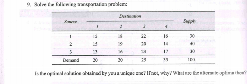 9. Solve the foliowing transportation problem:
Destination
Source
Supply
2
3
4
1
15
18
22
16
30
ति
2
15
19
20
14
40
3
13
16
23
17
30
Demand
20
20
25
35
100
Is the optimal solution obtained by you a unique one? If not, why? What are the alternate optima then?
