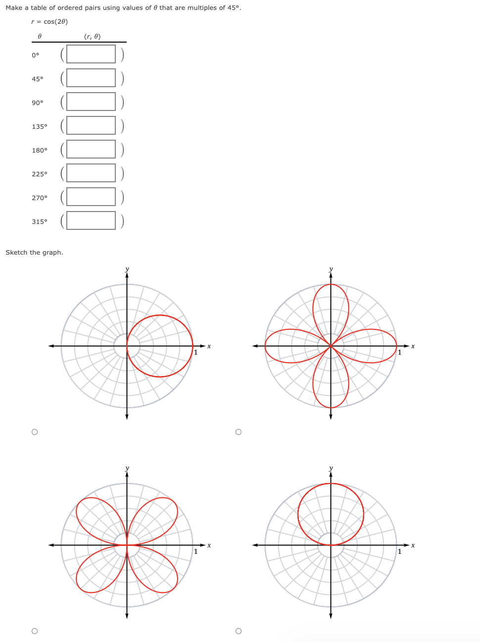 Make a table of ordered pairs using values of 0 that are multiples of 45°.
r = cos(20)
(r, 0)
0°
45°
90°
135°
180°
225°
270°
315°
Sketch the graph.
to
