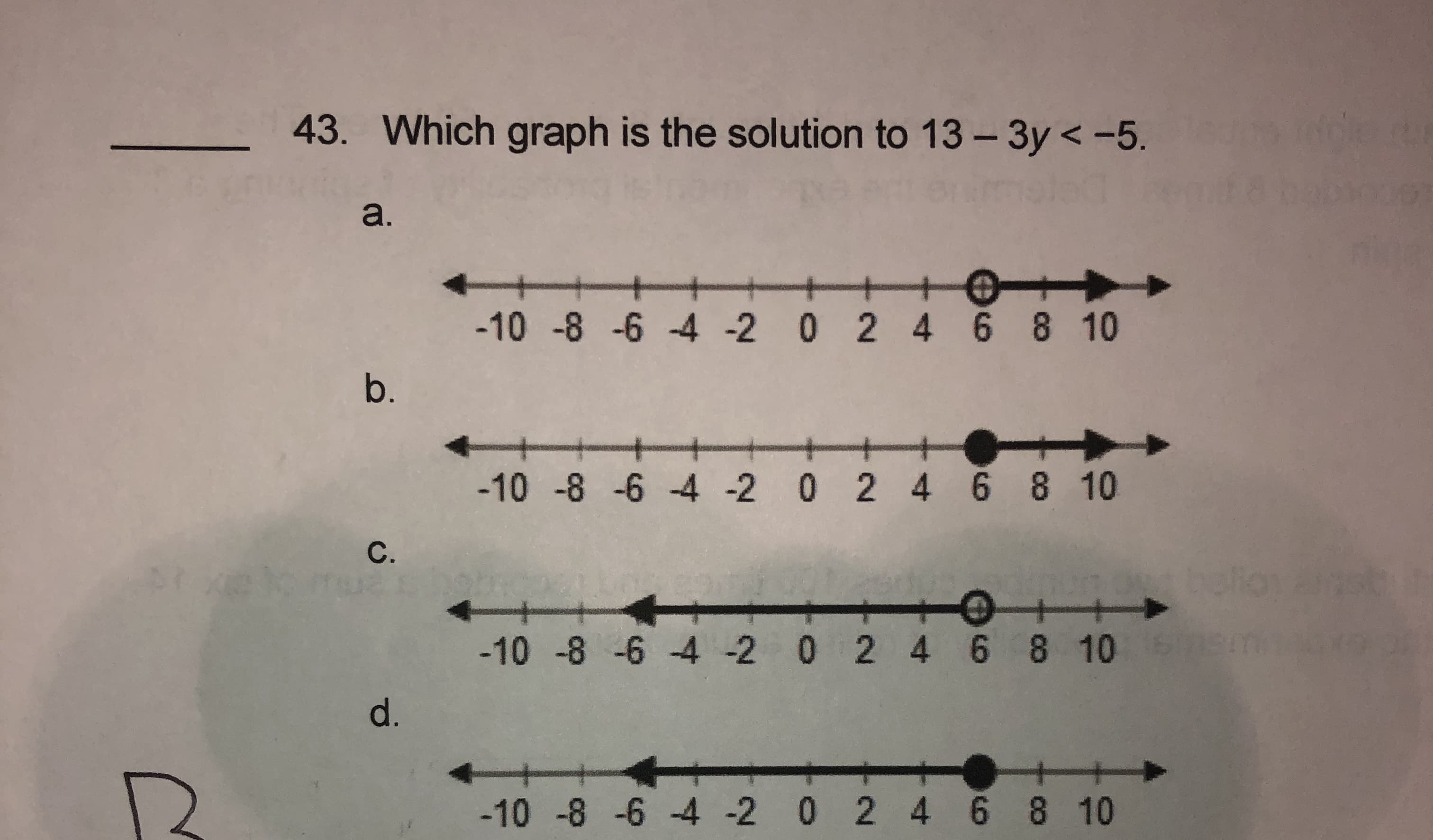 Which graph is the solution to 13 - 3y <-5.
