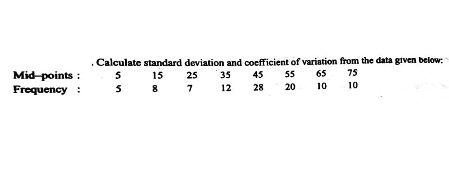 . Calculate standard deviation and coefficient of variation from the data given below:
Mid-points :
35
65
75
5
15
25
45
55
Frequency :
5 8 7
12
28
20
10
10
