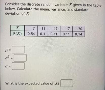 Consider the discrete random variable X given in the table
below. Calculate the mean, variance, and standard
deviation of X.
X
7
11
12
17
20
P(X)
0.54
0.1 0.11
0.11
0.14
What is the expected value of X?
%3D
