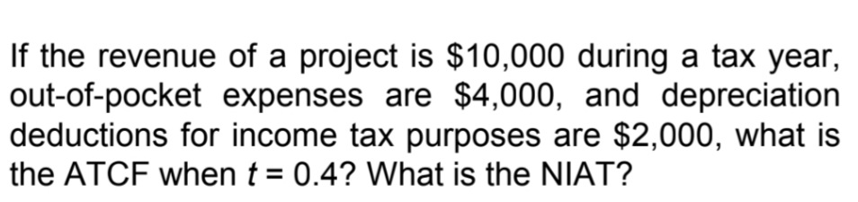 If the revenue of a project is $10,000 during a tax year,
out-of-pocket expenses are $4,000, and depreciation
deductions for income tax purposes are $2,000, what is
the ATCF when t = 0.4? What is the NIAT?
