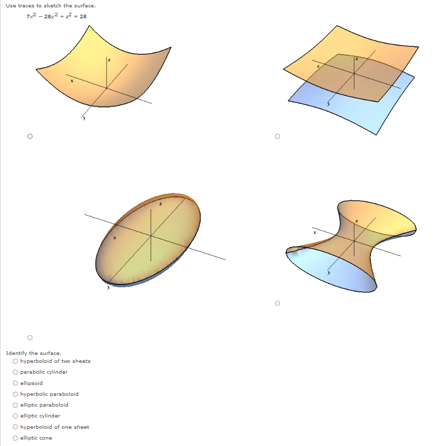 Use traces to sketch the surface.
7x²28y2 + z² = 28
O
Identify the surface.
O hyperboloid of two sheets
O parabolic cylinder
ellipsoid
hyperbolic paraboloid
elliptic paraboloid
elliptic cylinder
O hyperboloid of one sheet
O elliptic cone
O