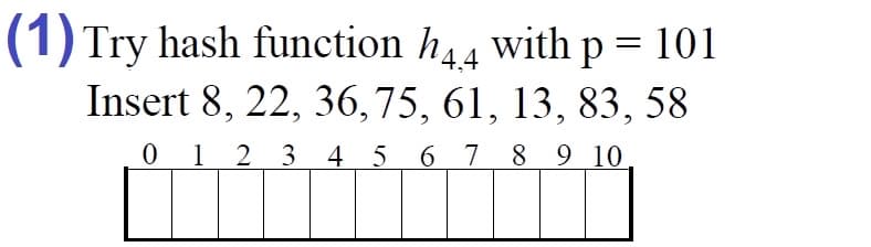 (1) Try hash function h44 with p = 101
Insert 8, 22, 36,75, 61, 13, 83, 58
0 1 2 3 4 5 6 7 8 9 10
