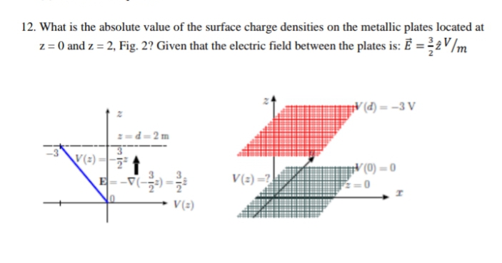 12. What is the absolute value of the surface charge densities on the metallic plates located at
z = 0 and z = 2, Fig. 2? Given that the electric field between the plates is: Ē = 2V/m
g¥ (d) = –3 V
V(2)
V (0) = 0
E--v
V(2) =?!
V(2)
