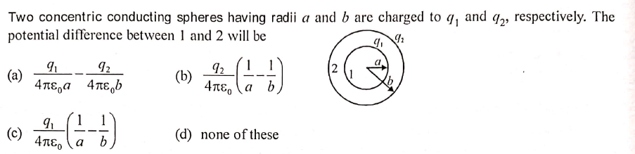 Two concentric conducting spheres having radii a and b are charged to q, and q,, respectively. The
potential difference between 1 and 2 will be
(а)
4πε,α 4πε,b
(b)
4πε, (α b,
(c)
4πε, α
(d) none of these
a
