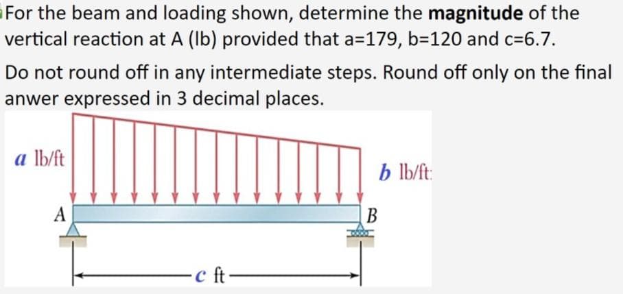 For the beam and loading shown, determine the magnitude of the
vertical reaction at A (Ib) provided that a=179, b=120 and c=6.7.
Do not round off in any intermediate steps. Round off only on the final
anwer expressed in 3 decimal places.
a lb/ft
b lb/ft:
A
|B
c ft-
