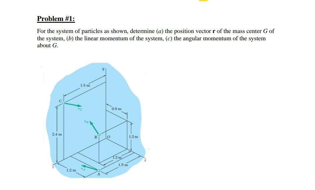 Problem #1:
For the system of particles as shown, determine (a) the position vector r of the mass center G of
the system, (b) the linear momentum of the system, (c) the angular momentum of the system
about G.
1.8 m
0.9 m
24 m
B
1.2 m
1.2m
15 m
1.2 m
