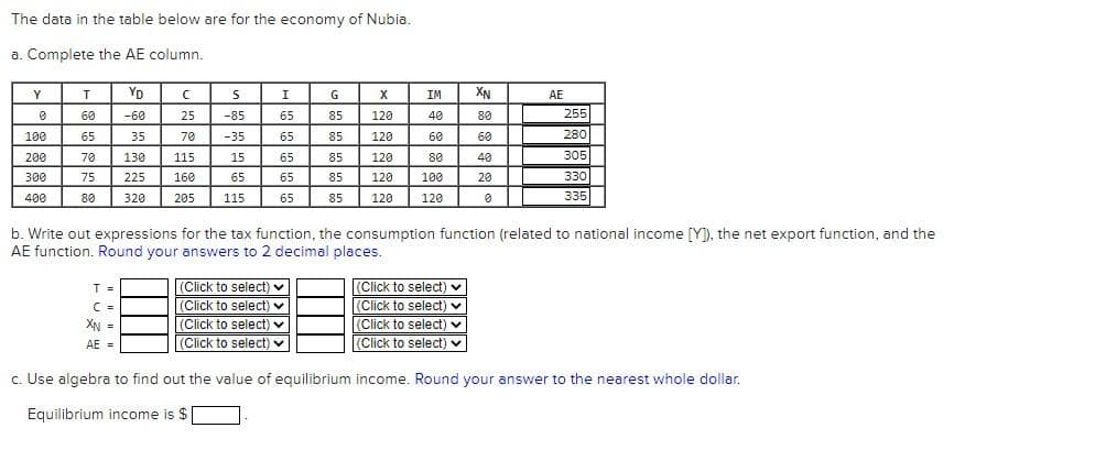 The data in the table below are for the economy of Nubia.
a. Complete the AE column.
Y
0
100
200
300
400
T
60
65
70
75
80
YD
-60
35
130
225
320
T =
C =
XN =
AE =
с
25
70
S
-85
-35
115
15
160
65
205 115
I
65
65
65
65
65
G
85
85
X
120
120
85
120
85 120
85
120
(Click to select) ✓
(Click to select)
(Click to select) ✓
(Click to select) ✓
IM
40
60
80
100
120
XN
80
60
(Click to select) ✓
(Click to select) ✔
(Click to select)
(Click to select) ✓
40
20
0
b. Write out expressions for the tax function, the consumption function (related to national income [Y]), the net export function, and the
AE function. Round your answers to 2 decimal places.
AE
255
280
305
330
335
c. Use algebra to find out the value of equilibrium income. Round your answer to the nearest whole dollar.
Equilibrium income is $