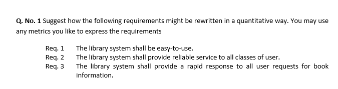 Q. No. 1 Suggest how the following requirements might be rewritten in a quantitative way. You may use
any metrics you like to express the requirements
Req. 1 The library system shall be easy-to-use.
Req. 2 The library system shall provide reliable service to all classes of user.
Req. 3
The library system shall provide a rapid response to all user requests for book
information.

