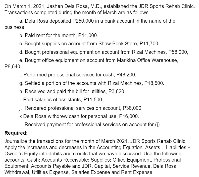 On March 1, 2021, Jashen Dela Rosa, M.D., established the JDR Sports Rehab Clinic.
Transactions completed during the month of March are as follows:
a. Dela Rosa deposited P250.000 in a bank account in the name of the
business
b. Paid rent for the month, P11,000.
c. Bought supplies on account from Shaw Book Store, P11,700,
d. Bought professional equipment on account from Rizal Machines, P58,000,
e. Bought office equipment on account from Marikina Office Warehouse,
P8,640.
f. Performed professional services for cash, P48,200.
g. Settled a portion of the accounts with Rizal Machines, P18,500.
h. Received and paid the bill for utilities, P3,820.
i. Paid salaries of assistants, P11,500.
j. Rendered professional services on account, P38,000.
k Dela Rosa withdrew cash for personal use, P16,000.
I. Received payment for professional services on account for (j).
Required:
Journalize the transactions for the month of March 2021, JDR Sports Rehab Clinic.
Apply the increases and decreases in the Accounting Equation, Assets = Liabilities +
Owner's Equity into debits and credits that we have discussed. Use the following
accounts: Cash; Accounts Receivable: Supplies; Office Equipment, Professional
Equipment; Accounts Payable and JDR, Capital, Service Revenue, Dela Rosa
Withdrawal, Utilities Expense, Salaries Expense and Rent Expense.
