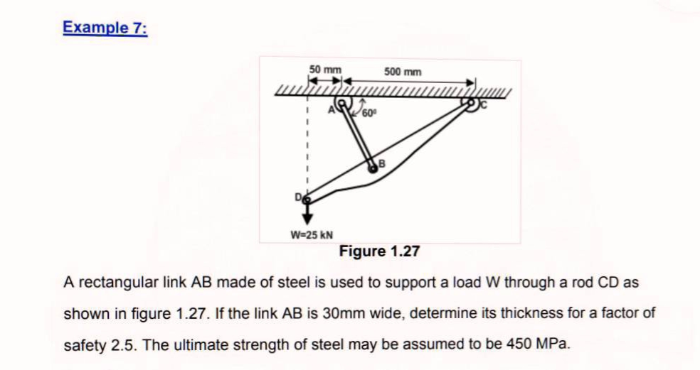 Example 7:
50 mm
500 mm
W=25 kN
Figure 1.27
A rectangular link AB made of steel is used to support a load W through a rod CD as
shown in figure 1.27. If the link AB is 30mm wide, determine its thickness for a factor of
safety 2.5. The ultimate strength of steel may be assumed to be 450 MPa.
