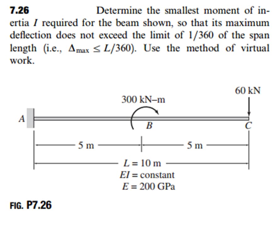 7.26
Determine the smallest moment of in-
ertia I required for the beam shown, so that its maximum
deflection does not exceed the limit of 1/360 of the span
length (i.e., Amax ≤L/360). Use the method of virtual
work.
60 KN
300 kN-m
A
B
5 m
L = 10 m
El = constant
E = 200 GPa
FIG. P7.26
5m-