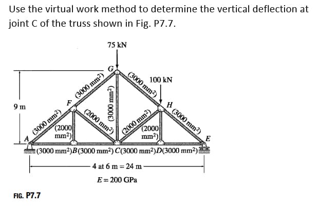 Use the virtual work method to determine the vertical deflection at
joint C of the truss shown in Fig. P7.7.
75 kN
100 kN
9 m
(3000 mm²)
(2000 mm²)
FIG. P7.7
(3000 mm²)
(3000 mm²) (3000 mm²)
(2000
mm²)
(2000
mm²)
E
(3000 mm²)B(3000 mm²) C(3000 mm²)D(3000 mm²) 5
4 at 6 m = 24 m
E = 200 GPa
(2000 mm²)
H
(3000 mm²)