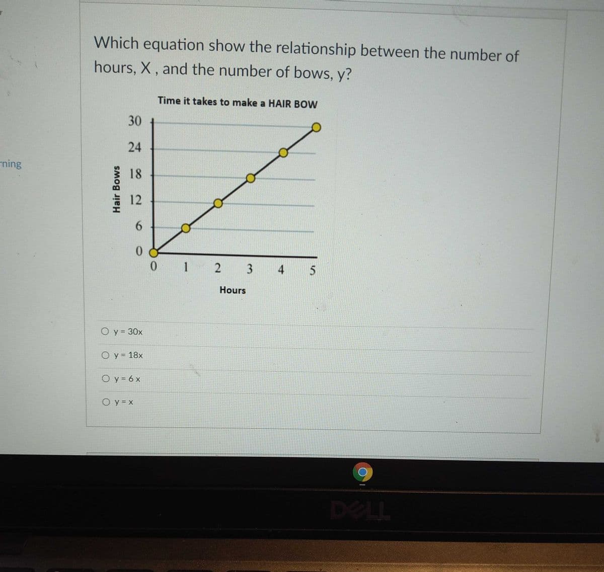 Which equation show the relationship between the number of
hours, X, and the number of bows, y?
Time it takes to make a HAIR BOW
30
24
rning
18
12
6.
0.
0.
1 2 3
寸
Hours
O y = 30x
O y = 18x
O y = 6 x
O y =x
DELL
Hair Bows
