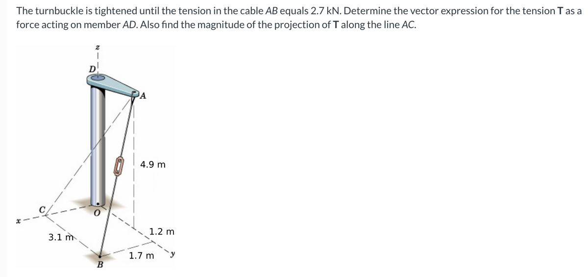 The turnbuckle is tightened until the tension in the cable AB equals 2.7 kN. Determine the vector expression for the tension T as a
force acting on member AD. Also find the magnitude of the projection of T along the line AC.
3.1 m
D
B
A
4.9 m
1.2 m
1.7 m