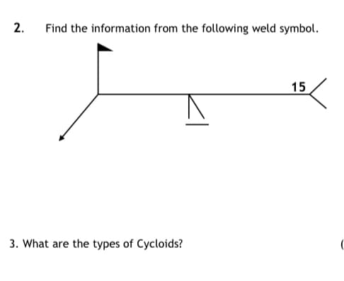 2.
Find the information from the following weld symbol.
15
3. What are the types of Cycloids?
