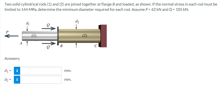 Two solid cylindrical rods (1) and (2) are joined together at flange B and loaded, as shown. If the normal stress in each rod must be
limited to 144 MPa, determine the minimum diameter required for each rod. Assume P = 62 kN and Q = 105 kN.
Answers:
d₁=
d₂=
A ↑
i
일
Q
BO
mm.
mm.
d₂
