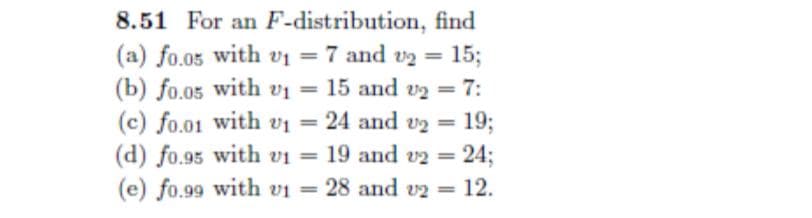 8.51 For an F-distribution, find
(a) fo.os with vı = 7 and vg = 15;
(b) fo.05 with vi = 15 and v2 = 7:
(c) fo.01 with v1 = 24 and v2 = 19;
(d) fo.95 with vi = 19 and v2 = 24;
(e) fo.99 with vi = 28 and v2 = 12.
%3D
%3D
