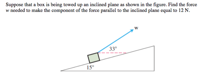 Suppose that a box is being towed up an inclined plane as shown in the figure. Find the force
w needed to make the component of the force parallel to the inclined plane equal to 12 N.
33°
15°
