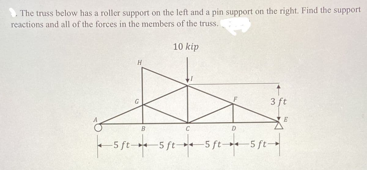 The truss below has a roller support on the left and a pin support on the right. Find the support
reactions and all of the forces in the members of the truss.
10 kip
H
3 ft
5 ft-
5 ft→5 ft→+ 5 ft→
