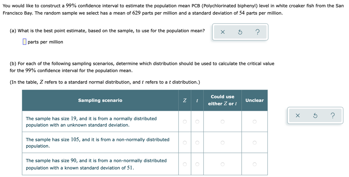You would like to construct a 99% confidence interval to estimate the population mean PCB (Polychlorinated biphenyl) level in white croaker fish from the San
Francisco Bay. The random sample we select has a mean of 629 parts per million and a standard deviation of 54 parts per million.
(a) What is the best point estimate, based on the sample, to use for the population mean?
O parts per million
(b) For each of the following sampling scenarios, determine which distribution should be used to calculate the critical value
for the 99% confidence interval for the population mean.
(In the table, Z refers to a standard normal distribution, and t refers to at distribution.)
Could use
Sampling scenario
Z
Unclear
either Z or t
The sample has size 19, and it is from a normally distributed
population with an unknown standard deviation.
The sample has size 105, and it is from a non-normally distributed
population.
The sample has size 90, and it is from a non-normally distributed
population with a known standard deviation of 51.
