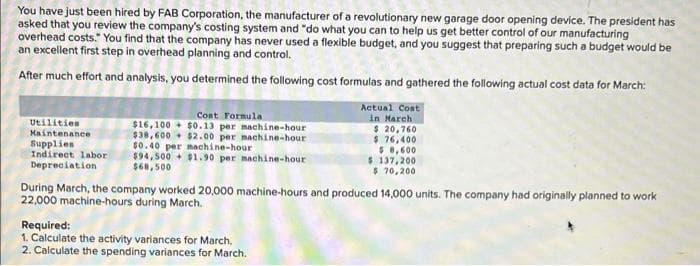 You have just been hired by FAB Corporation, the manufacturer of a revolutionary new garage door opening device. The president has
asked that you review the company's costing system and "do what you can to help us get better control of our manufacturing
overhead costs." You find that the company has never used a flexible budget, and you suggest that preparing such a budget would be
an excellent first step in overhead planning and control.
After much effort and analysis, you determined the following cost formulas and gathered the following actual cost data for March:
Utilities
Maintenance
Supplies
Indirect labor
Depreciation
Cost Formula
$16,100+ $0.13 per machine-hour
$38,600 $2.00 per machine-hour
$0.40 per machine-hour
$94,500+ $1.90 per machine-hour
$68,500
Actual Cost
in March.
$ 20,760
$ 76,400
$ 8,600
$137,200
$ 70,200
During March, the company worked 20,000 machine-hours and produced 14,000 units. The company had originally planned to work
22,000 machine-hours during March.
Required:
1. Calculate the activity variances for March.
2. Calculate the spending variances for March.