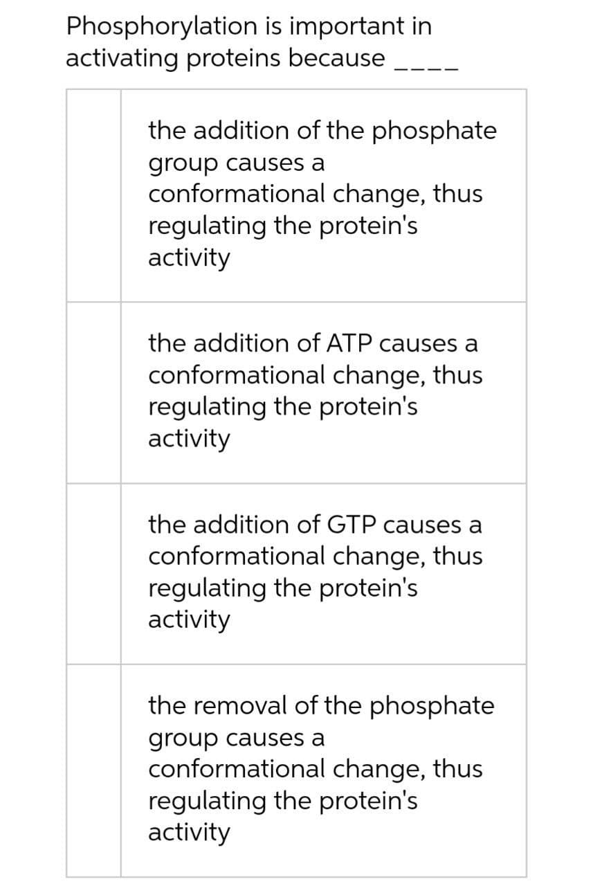 Phosphorylation is important in
activating proteins because
the addition of the phosphate
group causes a
conformational change, thus
regulating the protein's
activity
the addition of ATP causes a
conformational change, thus
regulating the protein's
activity
the addition of GTP causes a
conformational change, thus
regulating the protein's
activity
the removal of the phosphate
group causes a
conformational change, thus
regulating the protein's
activity
