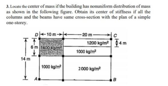 3. Locate the center of mass if the building has nonuniform distribution of mass
as shown in the following figure. Obtain its center of stiffness if all the
columns and the beams have same cross-section with the plan of a simple
one-storey.
D 10 m
-20 m
1200 kg/m2 T 4:
6 m 1400 ko/m?
1000 kg/m2
14 m
1000 kg/m?
2000 kg/m?
A
B
