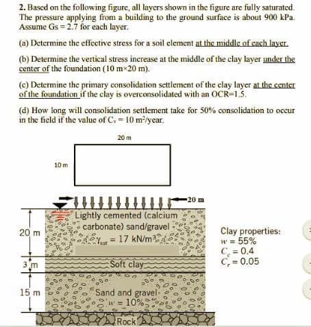 2. Bascd on the following figure, all layers shown in the figure are fully saturated.
The pressure applying from a building to the ground surface is about 900 kPa.
Assume Gs = 2.7 for each layer.
(a) Determine the cffective stress for a soil element at the middle of each layer.
(b) Determine the vertical stress increase at the middle of the clay layer under the
center of the foundation (10 mx20 m).
(c) Determine the primary consolidation settlement of the clay layer at the center
of the foundation if the clay is overconsolidated with an OCR=1.5.
(d) How long will consolidation settlement take for 50% consolidation to occur
in the field if the value of C, = 10 m2/year.
20 m
10 m
20 m
Lightly cemented (calcium
carbonate) sand/gravel
= 17 kN/m
Clay properties:
w = 55%
C = 0.4
C, = 0.05
20 m
3 m
Soft clay
15 m
Sand and gravel
w=10%
Rock
