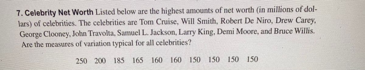 7. Celebrity Net Worth Listed below are the highest amounts of net worth (in millions of dol-
lars) of celebrities. The celebrities are Tom Cruise, Will Smith, Robert De Niro, Drew Carey,
George Clooney, John Travolta, Samuel L. Jackson, Larry King, Demi Moore, and Bruce Willis.
Are the measures of variation typical for all celebrities?
250 200 185 165 160 160 150 150 150 150
