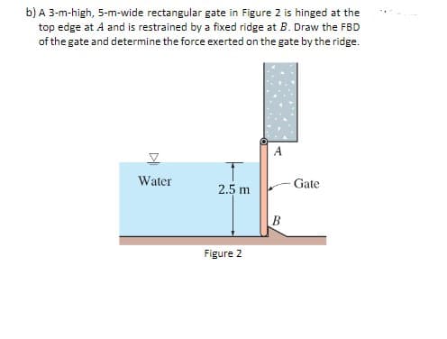 b) A 3-m-high, 5-m-wide rectangular gate in Figure 2 is hinged at the
top edge at A and is restrained by a fixed ridge at B. Draw the FBD
of the gate and determine the force exerted on the gate by the ridge.
A
Water
Gate
2.5 m
Figure 2
