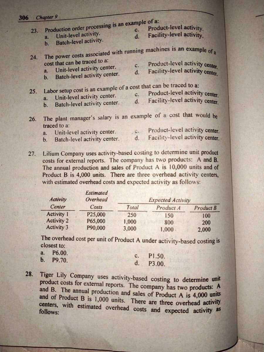 Chapter 9
Production order processing is an example of a:
Product-level activity.
C.
a.
Unit-level activity.
Batch-level activity.
d.
Facility-level activity.
b.
The power costs associated with running machines is an example of a
24.
cost that can be traced to a:
Product-level activity center.
C.
a.
Unit-level activity center.
Batch-level activity center.
d.
Facility-level activity center.
b.
25.
Labor setup cost is an example of a cost that can be traced to a:
a. Unit-level activity center.
Product-level activity center.
C.
d.
Facility-level activity center.
b. Batch-level activity center.
26.
The plant manager's salary is an example of a cost that would be
traced to a:
a.
C.
Unit-level activity center.
Batch-level activity center.
Product-level activity center.
d. Facility-level activity center.
b.
27. Lilium Company uses activity-based costing to determine unit product
costs for external reports. The company has two products: A and B.
The annual production and sales of Product A is 10,000 units and of
Product B is 4,000 units. There are three overhead activity centers,
with estimated overhead costs and expected activity as follows:
Estimated
Activity
Overhead
Center
Expected Activity
Product A
Costs
Total
Product B
Activity 1
P25,000
250
150
100
Activity 2
P65,000
1,000
800
200
Activity 3
P90,000
3,000
1,000
2,000
The overhead cost per unit of Product A under activity-based costing is
closest to:
a.
P6.00.
C.
P1.50.
b. P9.70.
d.
P3.00.
28. Tiger Lily Company uses activity-based costing to determine unit
product costs for external reports. The company has two products: A
and B. The annual production and sales of Product A is 4,000 units
and of Product B is 1,000 units. There are three overhead activity
centers, with estimated overhead costs and expected activity as
follows:
306
23.