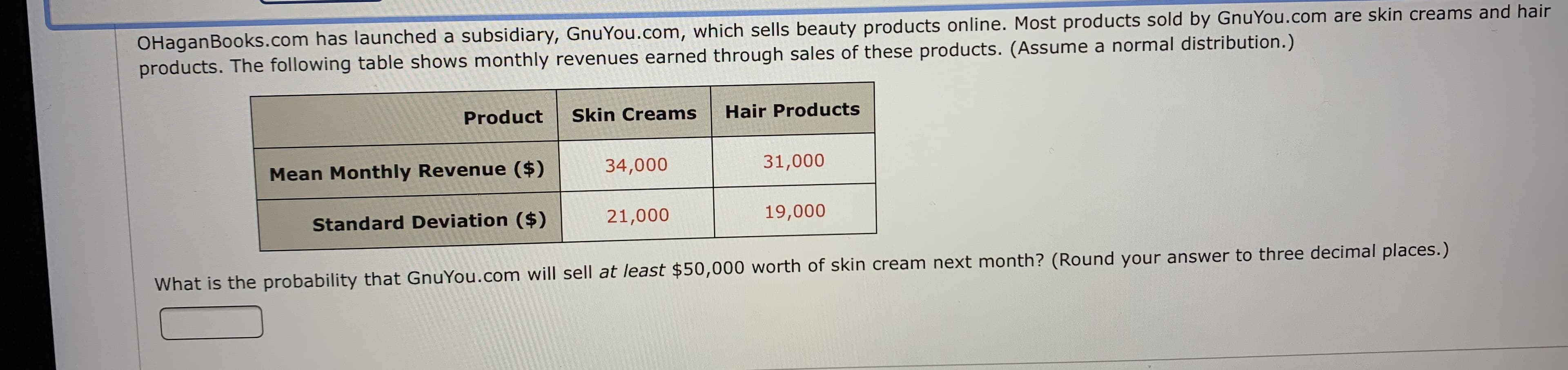 OHaganBooks.com has launched a subsidiary, GnuYou.com, which sells beauty products online. Most products sold by GnuYou.com are skin creams and hair
products. The following table shows monthly revenues earned through sales of these products. (Assume a normal distribution.)
Product
Skin Creams
Hair Products
Mean Monthly Revenue ($)
34,000
31,000
Standard Deviation ($)
21,000
19,000
What is the probability that GnuYou.com will sell at least $50,000 worth of skin cream next month? (Round your answer to three decimal places.)
