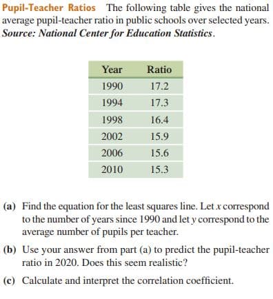 Pupil-Teacher Ratios The following table gives the national
average pupil-teacher ratio in public schools over selected years.
Source: National Center for Education Statistics.
Year
Ratio
1990
17.2
1994
17.3
1998
16.4
2002
15.9
2006
15.6
2010
15.3
(a) Find the equation for the least squares line. Let x correspond
to the number of years since 1990 and let y correspond to the
average number of pupils per teacher.
(b) Use your answer from part (a) to predict the pupil-teacher
ratio in 2020. Does this seem realistic?
(c) Calculate and interpret the correlation coefficient.
