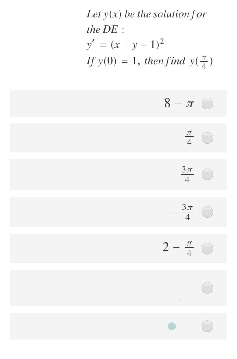 Let y(x) be the solution for
the DE :
y' = (x + y – 1)²
If y(0) = 1, thenfind y(4)
8 - JT
JT
4
Зл
4
2
