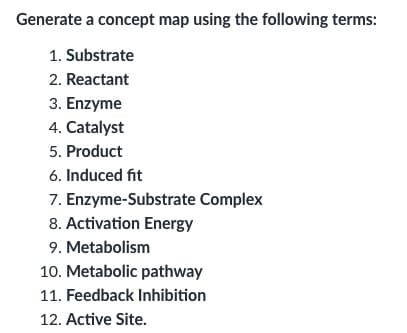 Generate a concept map using the following terms:
1. Substrate
2. Reactant
3. Enzyme
4. Catalyst
5. Product
6. Induced fit
7. Enzyme-Substrate Complex
8. Activation Energy
9. Metabolism
10. Metabolic pathway
11. Feedback Inhibition
12. Active Site.
