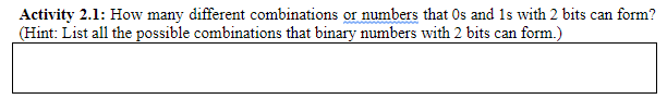 Activity 2.1: How many different combinations or numbers that Os and 1s with 2 bits can form?
(Hint: List all the possible combinations that binary numbers with 2 bits can form.)

